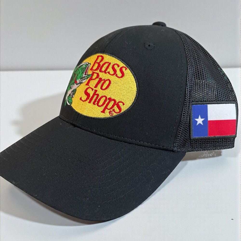 Bass Pro Shops Black Trucker Hat Texas Flag Fishing Mesh Snapback Cap - Picture 2 of 5